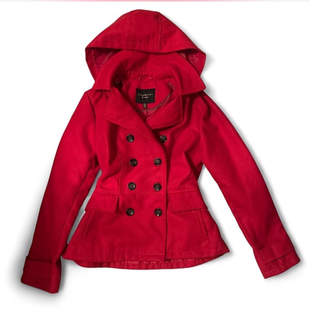 Celebrity Pink Red Hooded Double-Breasted Pea Coat